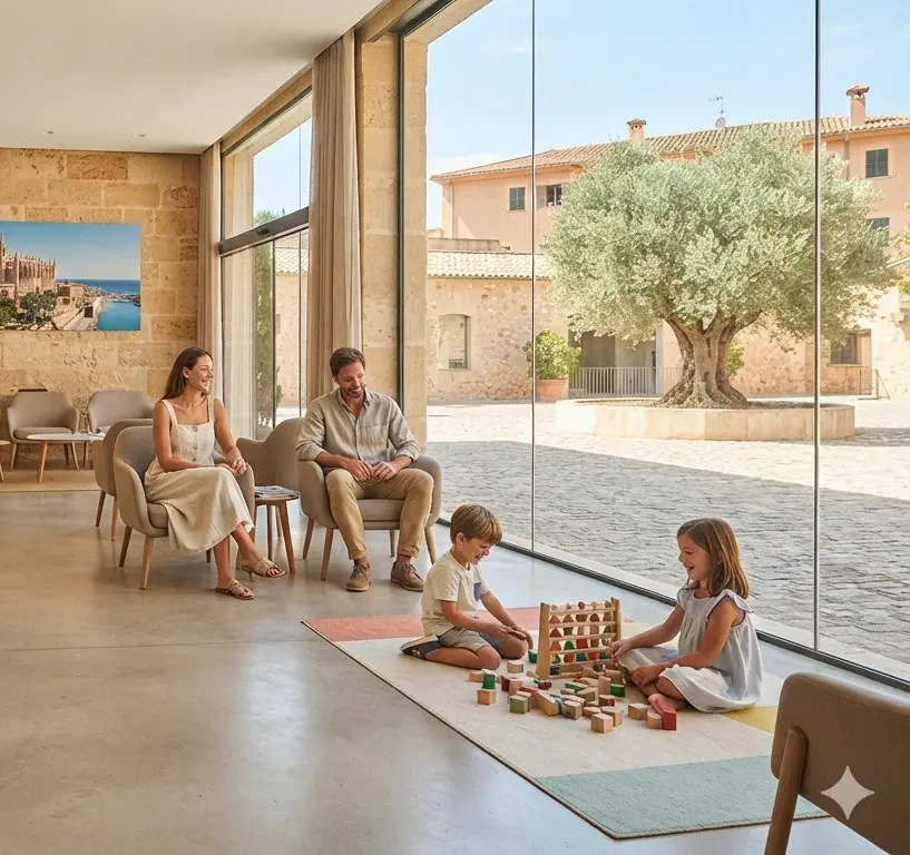 Sala de espera de la clínica con vistas a la plaza